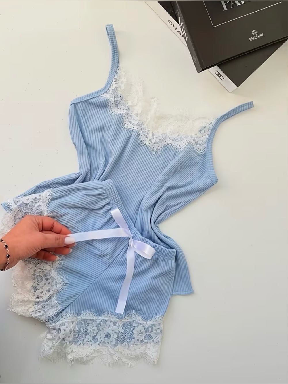 Light Blue Ribbed Lace Trim Satin-Feel Pajama Lounge Set Comfy New Boutique